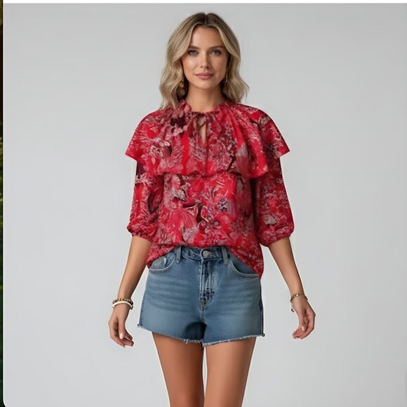 Paisley & Floral Print  Lace Up Front Ruffle Trim Blouse - Picture 3 of 4